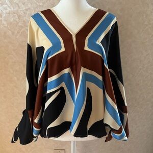 Zara Blue and Brown Graphic 3/4 Sleeve Blouse